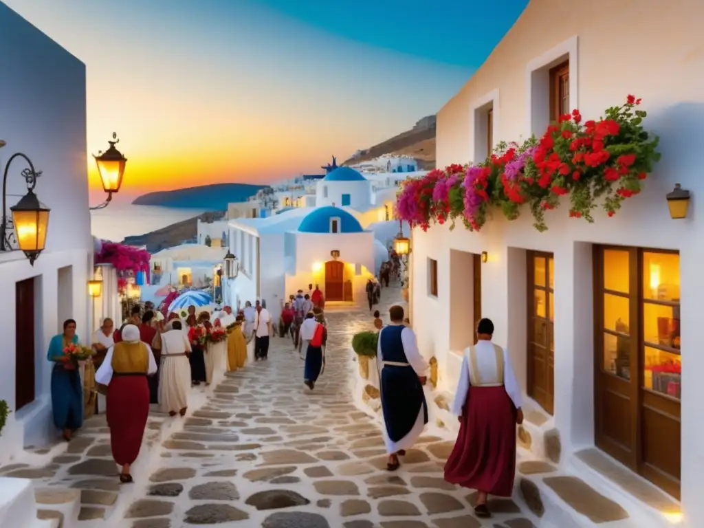 Festividades griegas tradicionales en un encantador pueblo con calles empedradas adornadas con flores vibrantes, banderas y edificios blancos