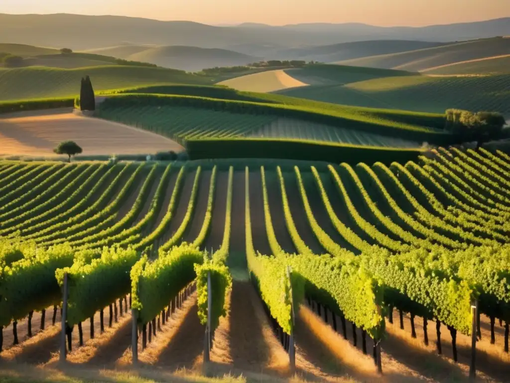 Fiesta de la Uva en Penedès, España: Viñedo dorado al atardecer, con patrón hipnotizante de viñedos y pueblo español encantador