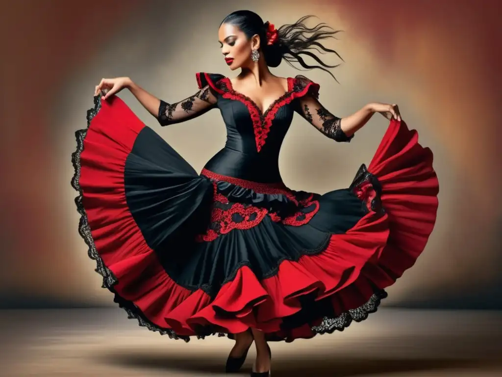 Imagen de una bailarina de flamenco en plena actuación, vestida con un traje rojo y negro, con encajes y volantes