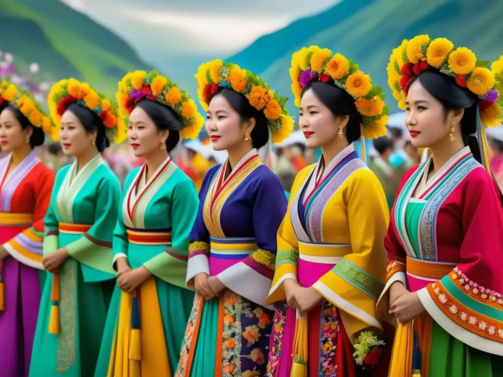 Festivales de flores tradicionales: Mujeres en trajes típicos, flores vibrantes y belleza cultural