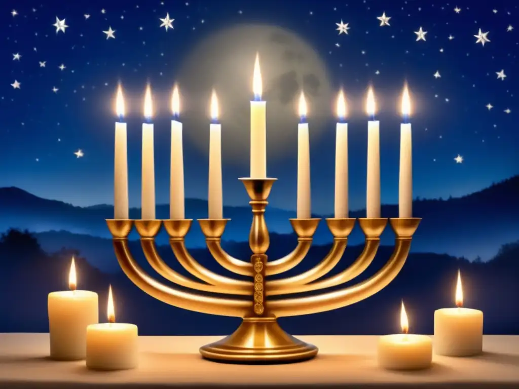 Sereno cielo nocturno iluminado por una luna llena, con una tradicional menorá de Hanukkah y símbolos festivos