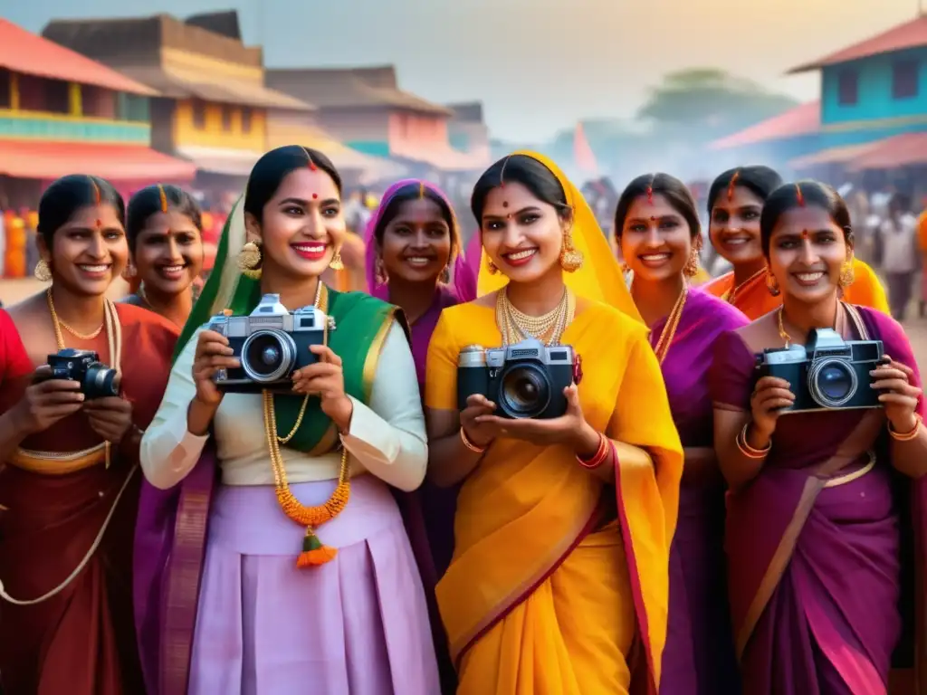 Fotografía preservando festivales tradicionales: gente en trajes típicos, celebración vibrante, fotógrafa capturando la cultura