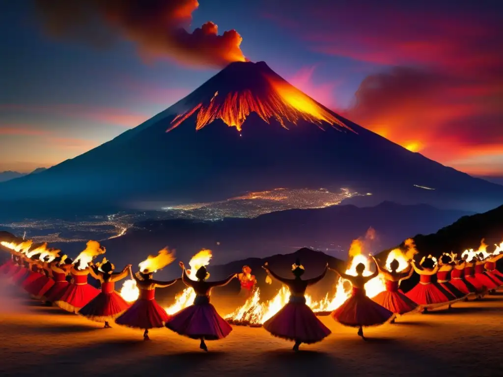 Festival Danza Fuego Guatemala: Baile de fuego cautivador, volcanes majestuosos y tradiciones ancestrales en una imagen realista