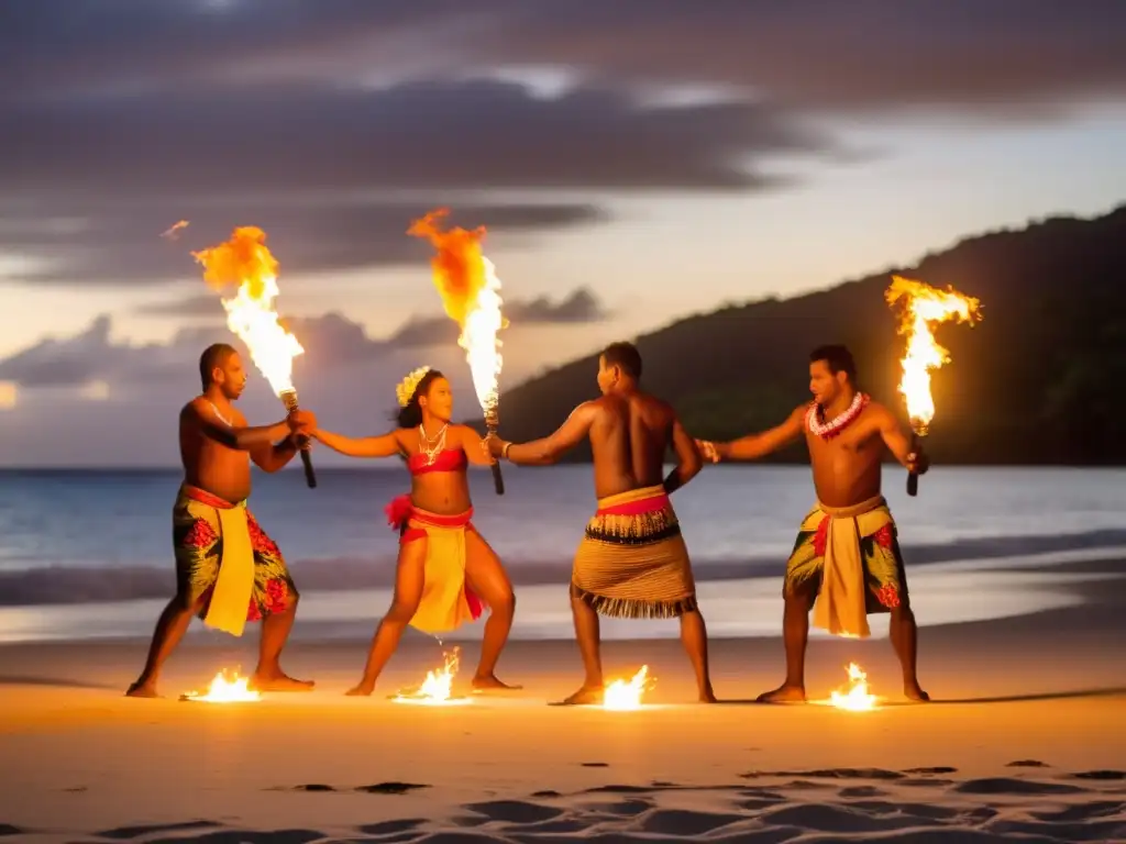 Fire dance en la playa al atardecer