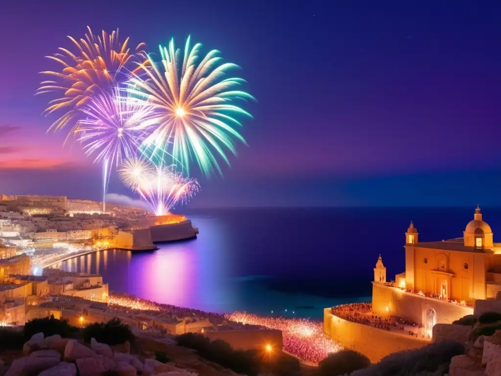 Festival fuegos artificiales Malta: Espectáculo mágico de fuegos artificiales en la costa maltesa, con el mar Mediterráneo de fondo