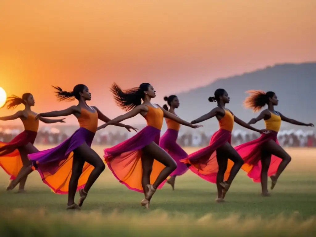 Fusión de música y danza en festivales: Celebración con danzantes en campo abierto al atardecer, trajes vibrantes, atmósfera mágica