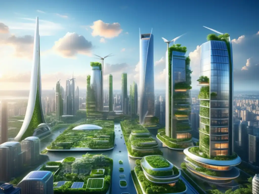 Futurista ciudad verde con energía renovable y gestión de residuos eficiente