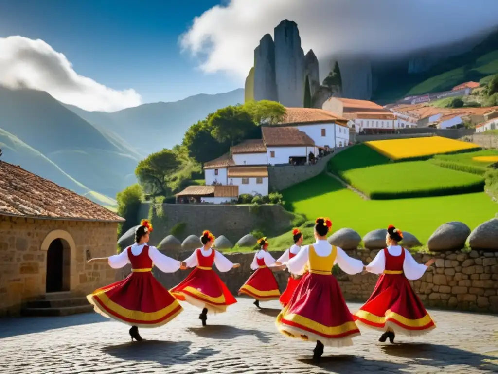 Festival tradicional Asturias: Garrotín, danza ancestral, trajes vibrantes, historia rica, paisaje pintoresco, tradición y alegría