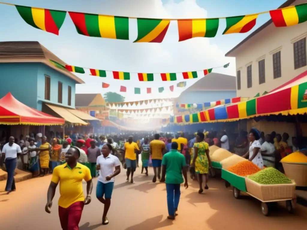 Celebración Fiesta Independencia Ghana: Una vibrante imagen fotorealista y etérea que representa la celebración de la independencia de Ghana