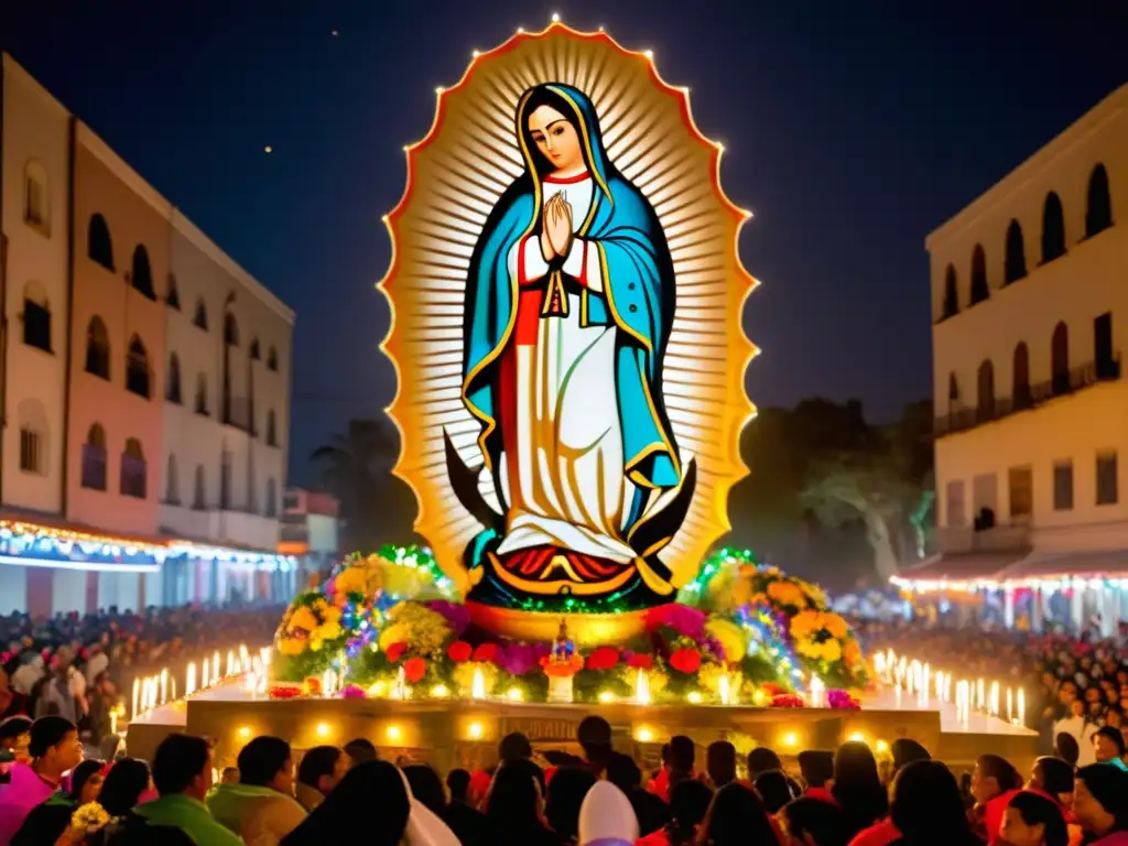 Fiesta Virgen de Guadalupe en México: Celebración nocturna con miles de luces, flores coloridas y devotos