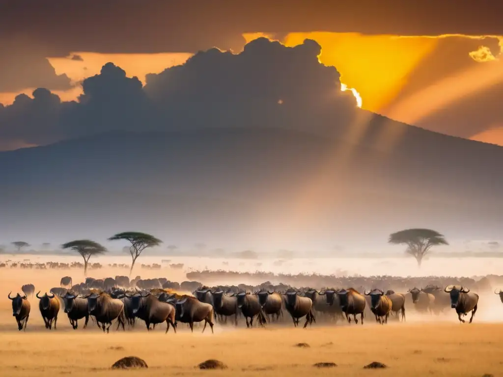 Festival migración ñus Kenia: Espectáculo impresionante de la Gran Migración de ñus en Kenia, en una vasta sabana dorada al atardecer