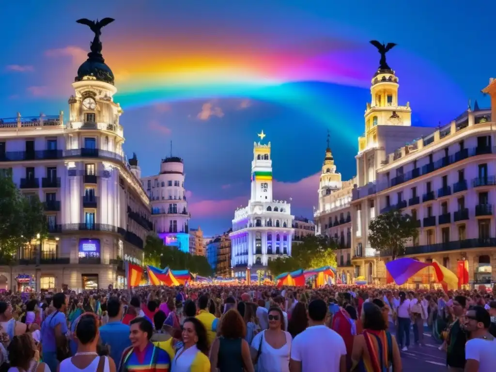 Festival del Orgullo Madrid: Vibrante escena nocturna en Gran Vía llena de banderas arcoíris y luces, celebrando la diversidad y unidad LGBTQ+