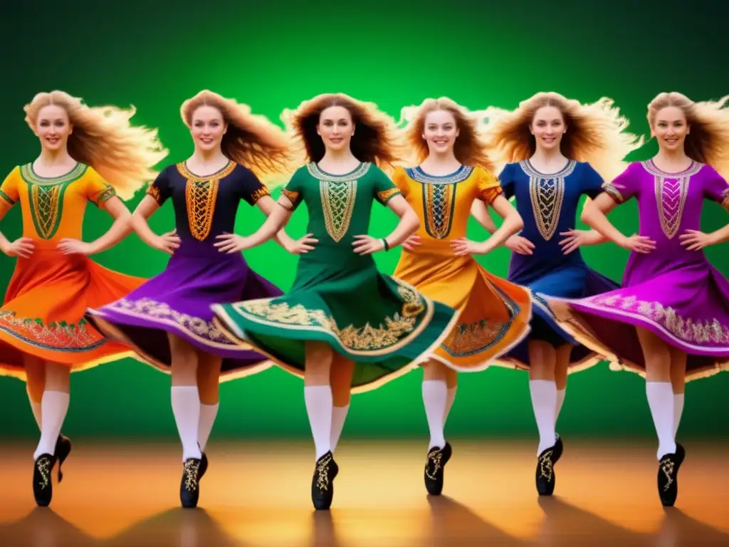 Grupo de bailarines irlandeses en trajes tradicionales, representando el significado de la indumentaria y el folklore irlandés