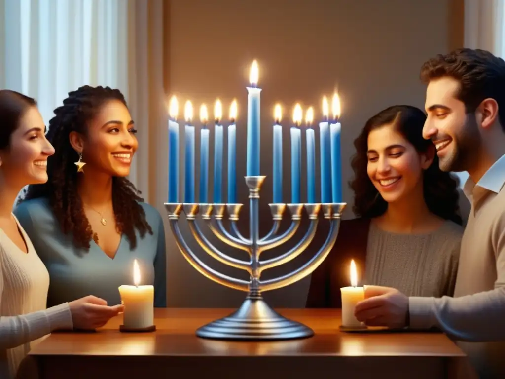 Tradiciones musicales Hanukkah contemporáneas: Grupo disfrutando de la celebración alrededor de la menorah