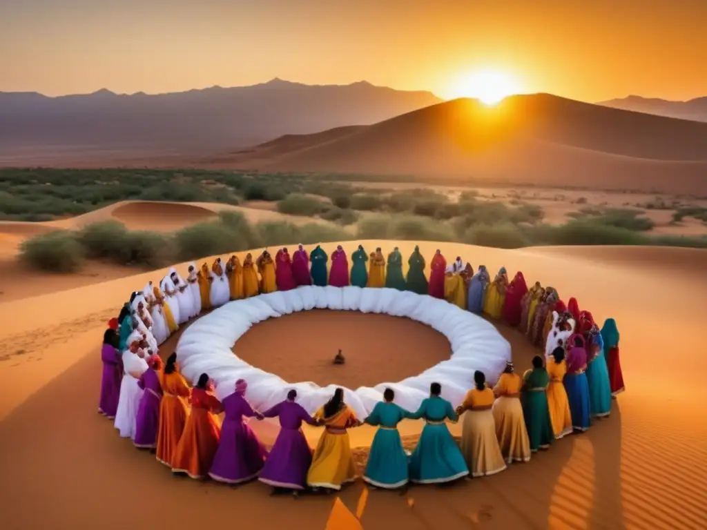 Celebración Guedra Marroquí: Mujeres vestidas tradicionalmente en el desierto, capturando la esencia de esta antigua celebración