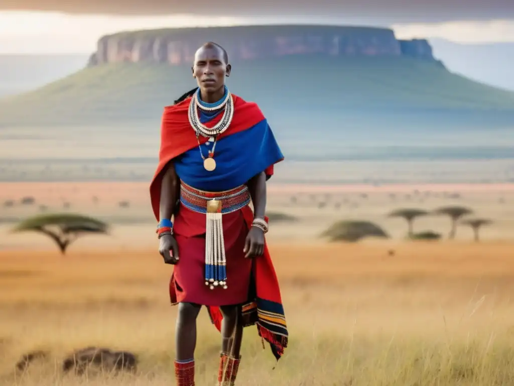 Joven guerrero Maasai en traje ceremonial, saltando en la sabana africana al atardecer