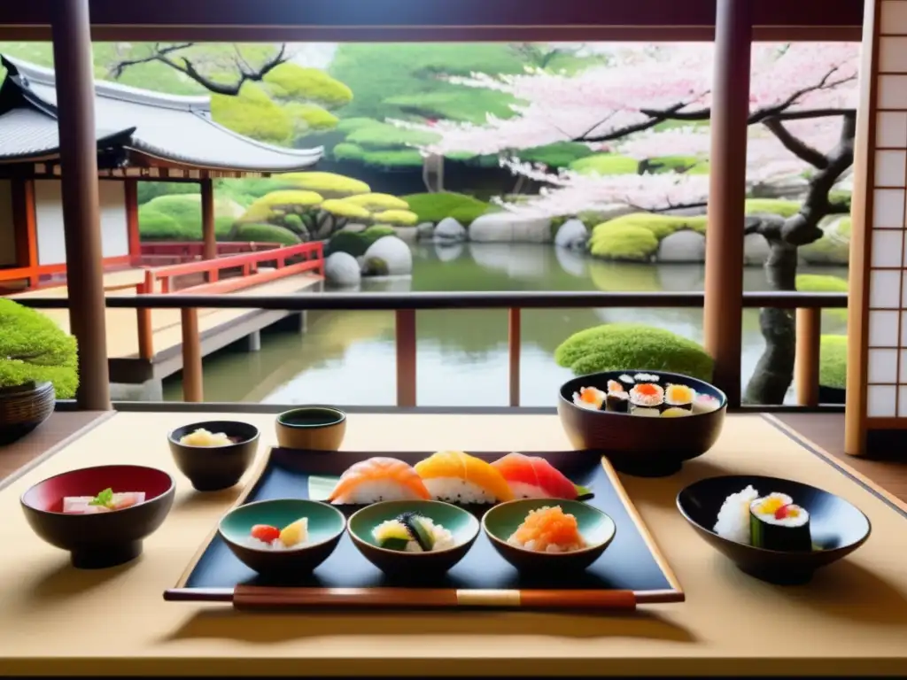 Escena serena en un jardín japonés durante el Festival Hanami con comida tradicional y árboles de sakura