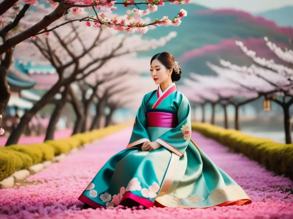 Indumentaria coreana: Hanbok simboliza elegancia y belleza en un entorno sereno con flores de cerezo