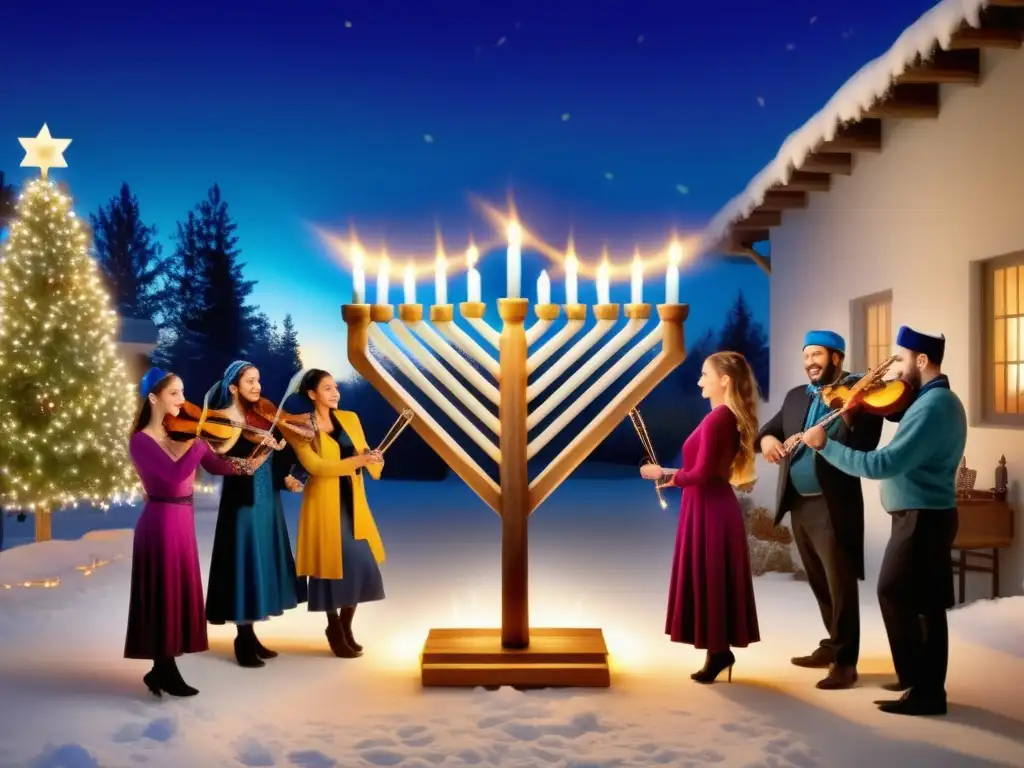 Celebración vibrante de Hanukkah con música y danza alrededor de una menorah colorida