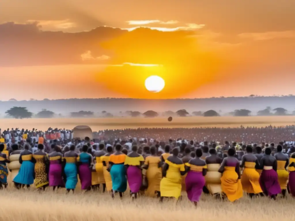 Celebración tradicional de la cosecha en Ghana, con vibrante comunidad y hermoso paisaje al atardecer