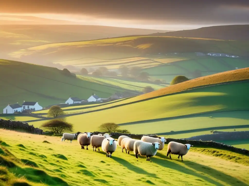 Paisaje hermoso de Irlanda al atardecer, con colinas verdes, ovejas y casas de piedra