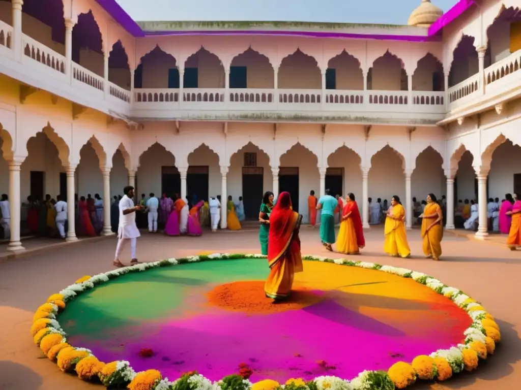 Celebración del Festival de los Colores en India - Una escena vibrante y etérea en un patio pintoresco, adornado con decoraciones y flores vibrantes