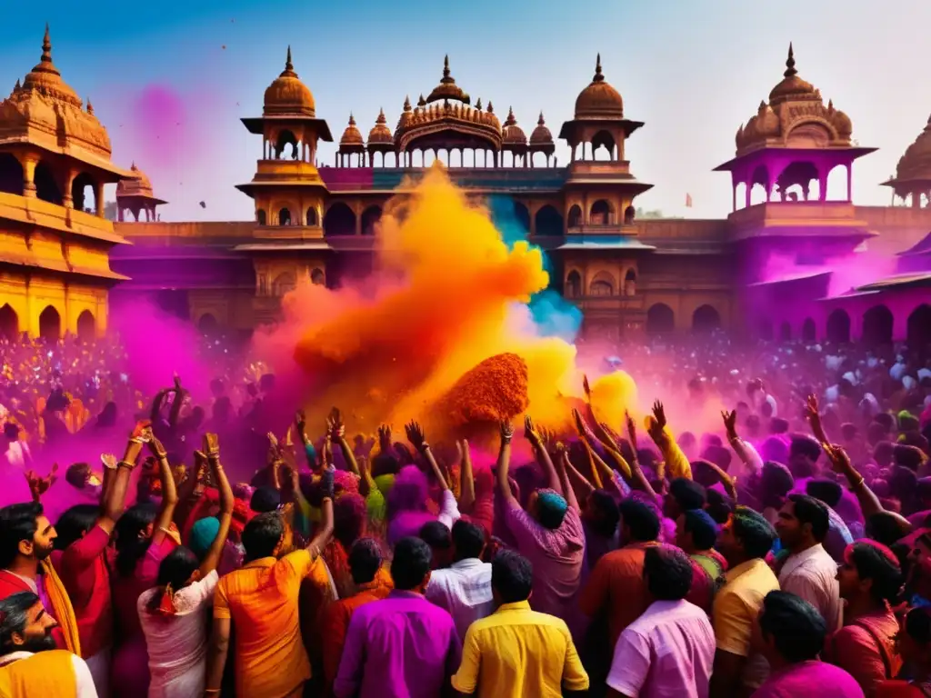 Celebraciones tradicionales coloridas mundo: Holi Festival en India, vibrante multitud empapada en colores, templos ancestrales y arquitectura ornamentada, expresiones de alegría y polvo de colores en el aire