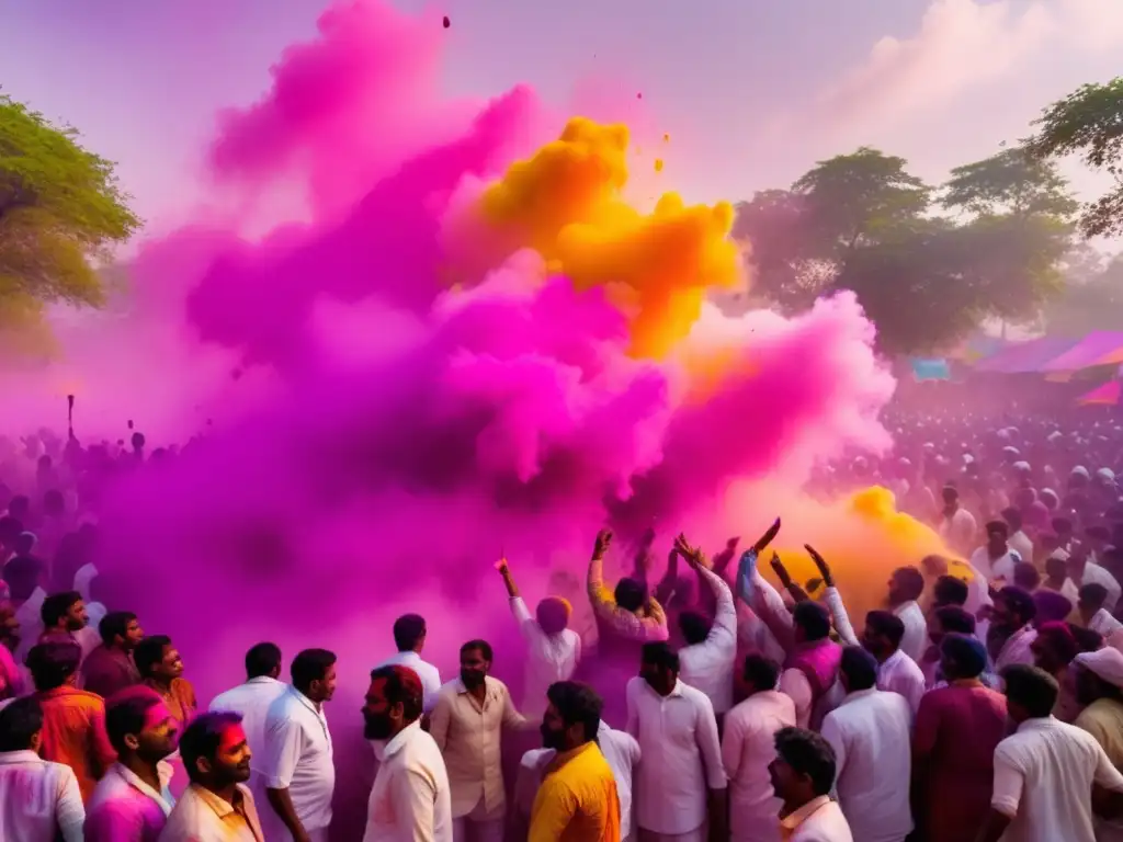 Festival Holi en India: Alegría, colores y música tradicional capturados en una imagen 8k ultradetallada