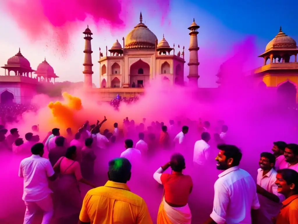 Festival Holi en India: Celebración vibrante y colorida con templos antiguos de fondo y participantes alegres en una lucha de colores