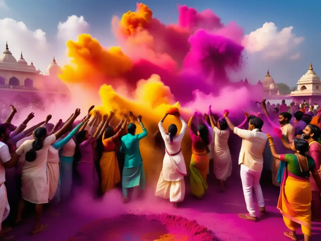 Festival de los Colores India: Multitud alegre arroja polvos de colores, creando una escena vibrante y etérea