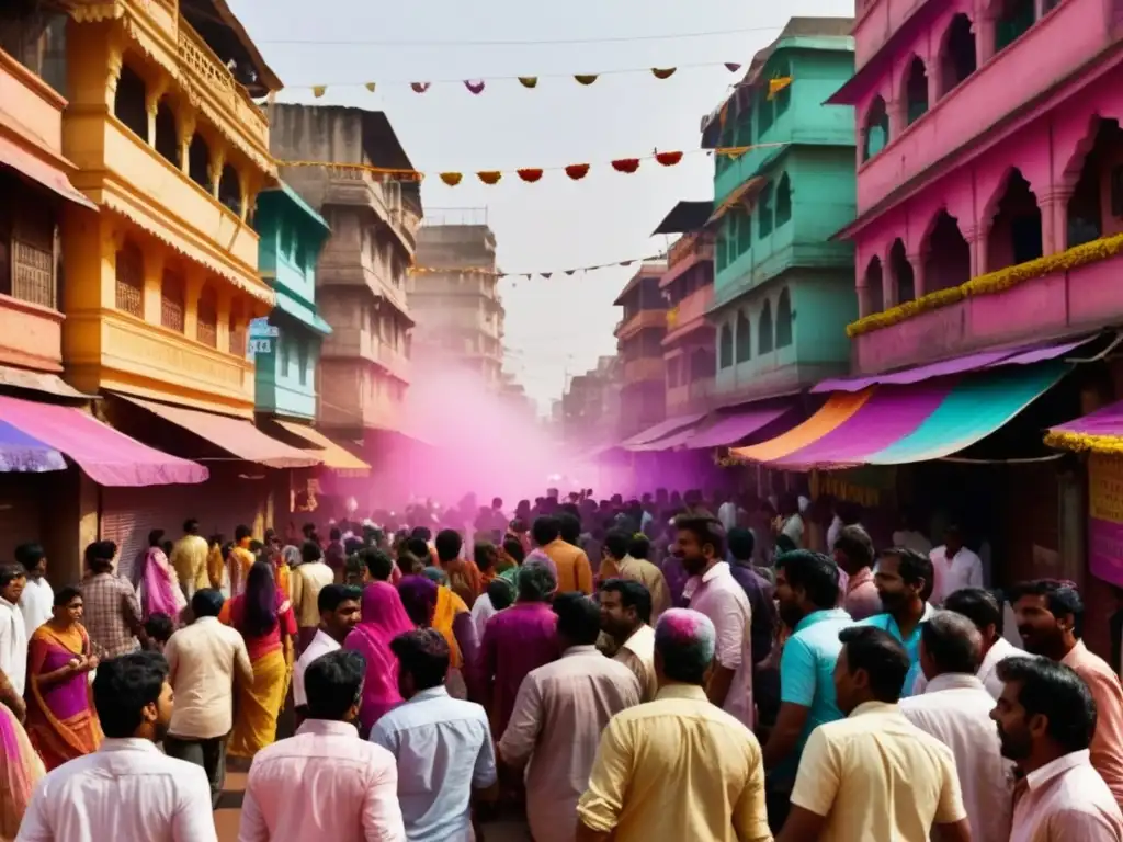 Festival de los Colores India: Celebración vibrante y alegre en una bulliciosa calle llena de colores, alegría y tradición