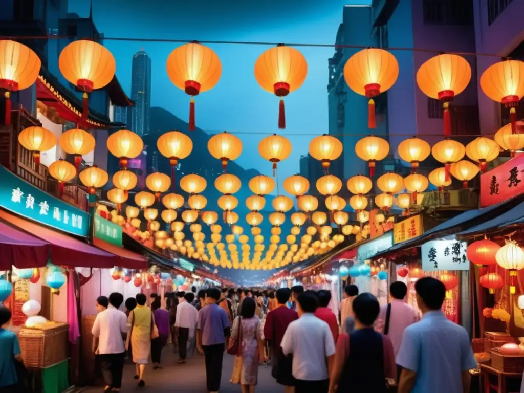 Festival Fantasmas Hambrientos Hong Kong: Colorido mercado nocturno en Hong Kong, con figuras etéreas y arquitectura tradicional