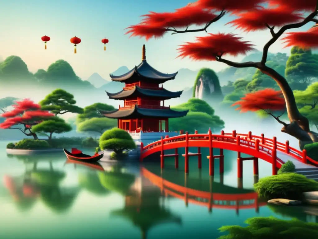 Sereno lago rodeado de exuberante vegetación y pagoda china con farolillos rojos, en festivales de I Ching