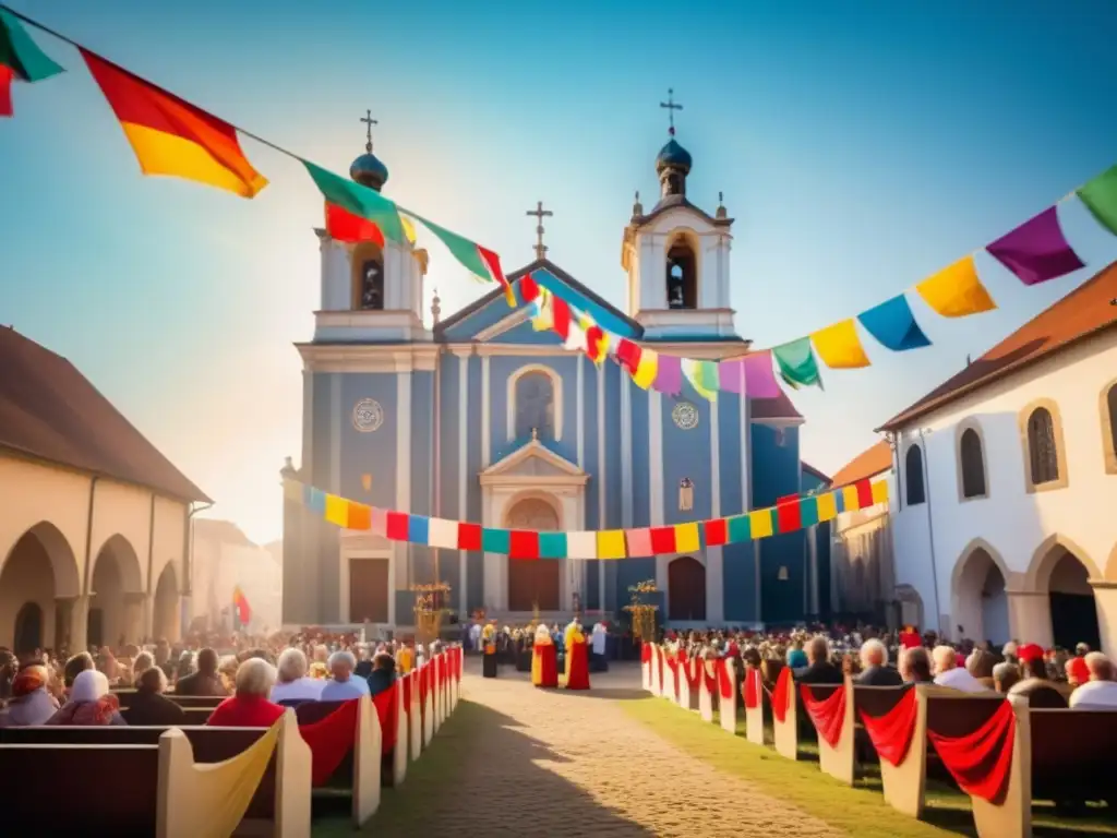 Iglesia europea centenaria con festivales tradicionales