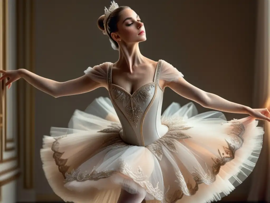 Influencias históricas en vestuario festivales ballet: Imagen 8k detallada del ballet con tutú inspirado en el siglo XIX, adornado con encajes y tules