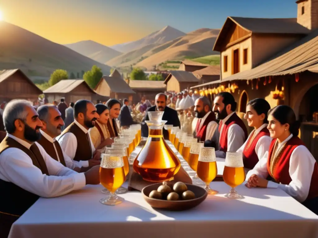 Festival de brandy en Armenia: imagen fotorealista de un pintoresco pueblo armenio durante un festival tradicional de brandy