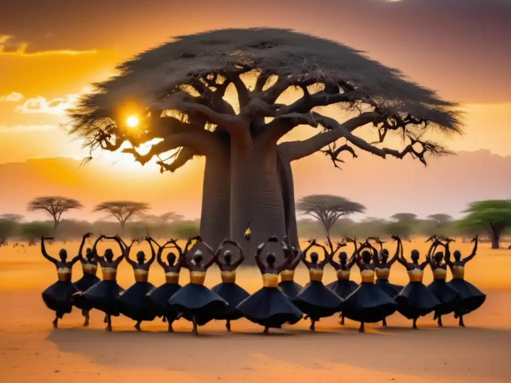 Festival Danza de los Cazadores en Mali: Dancers en campo abierto, baobabs, trajes tradicionales, luz dorada, ritmos y contrastes