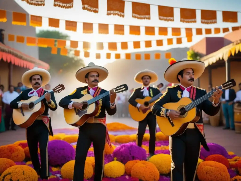 Mariachi mexicano en Día de los Muertos: Música, papel picado y ofrendas con esencia festiva