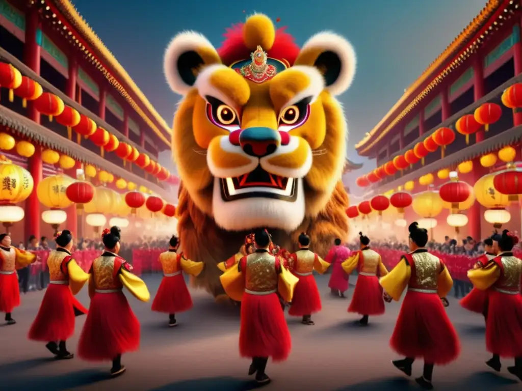 Festival Danza del León en China, imagen 8k ultra detallada, vibrante escena captura esencia y energía del evento