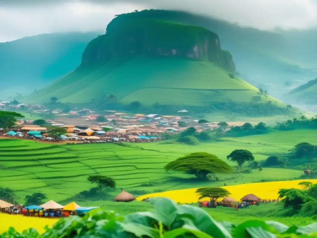 Celebración cosecha en Ghana: paisaje verde exuberante, mercado animado, cascada majestuosa