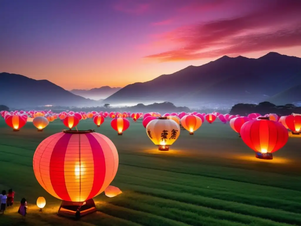 Festival globos papel Taiwán: vista mágica de miles de linternas flotando en el cielo al atardecer, rodeadas de montañas majestuosas