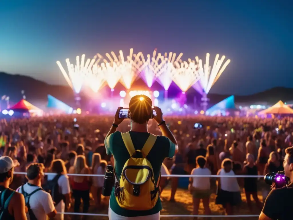 Fotografía de festivales nocturnos con luces vibrantes y multitud emocionada