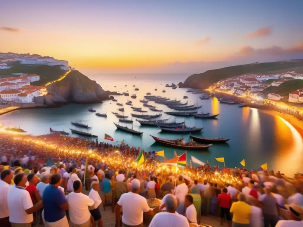 Tradiciones pesqueras en el festival de la sardina en un pintoresco pueblo pesquero portugués al atardecer