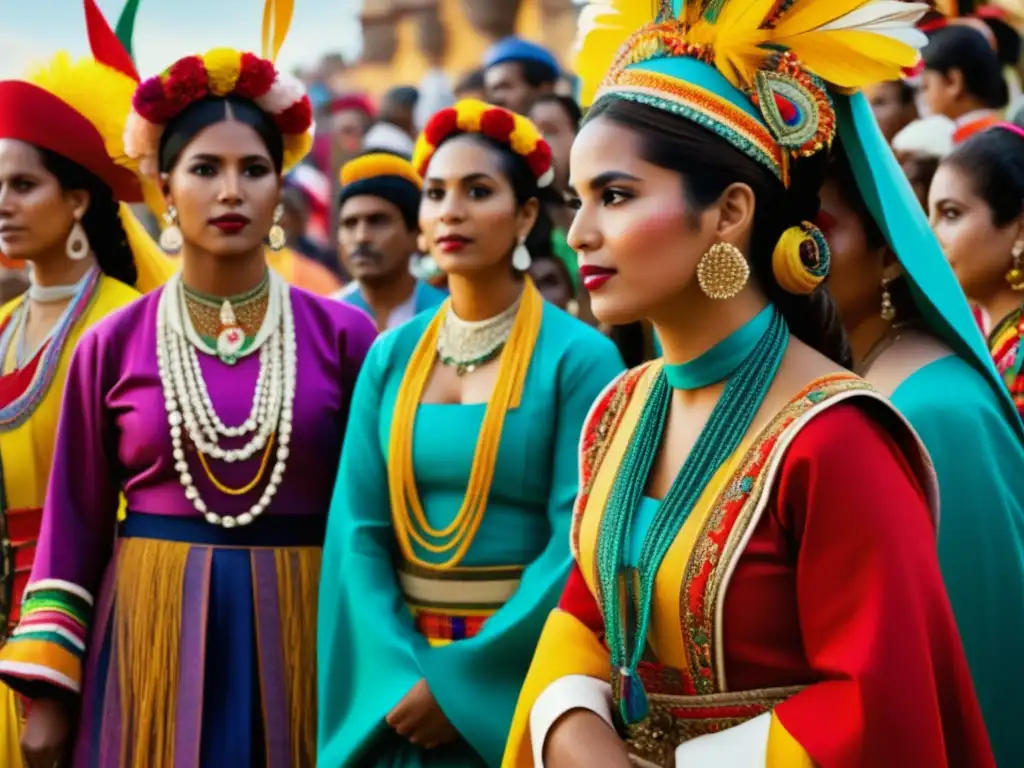 Indumentaria festivales tradicionales mundo: escena vibrante y etérea de festival con personas de diferentes culturas, trajes elaborados y colores vivos