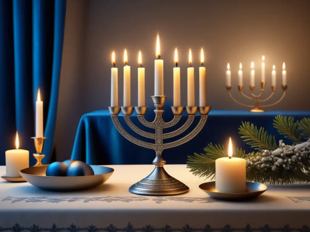 Escena mágica de Hanukkah: historia y significado en imagen de invierno con menora adornada, candelas brillantes y copos de nieve