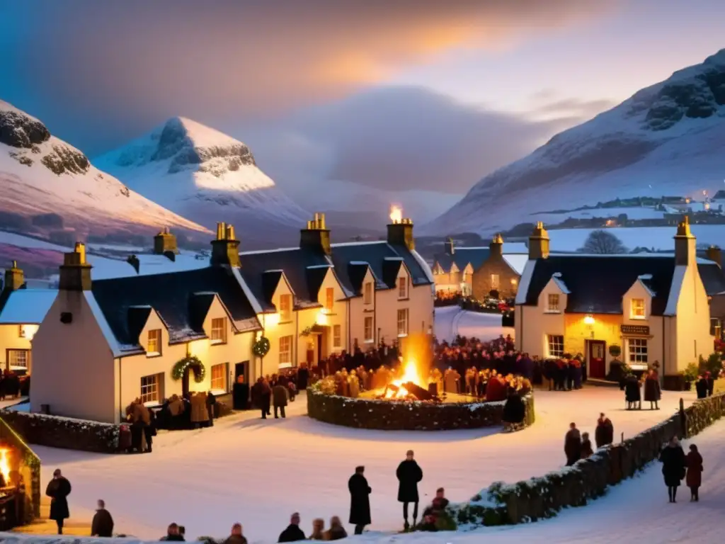 Celebración Hogmanay con whisky escocés en pintoresco pueblo nevado