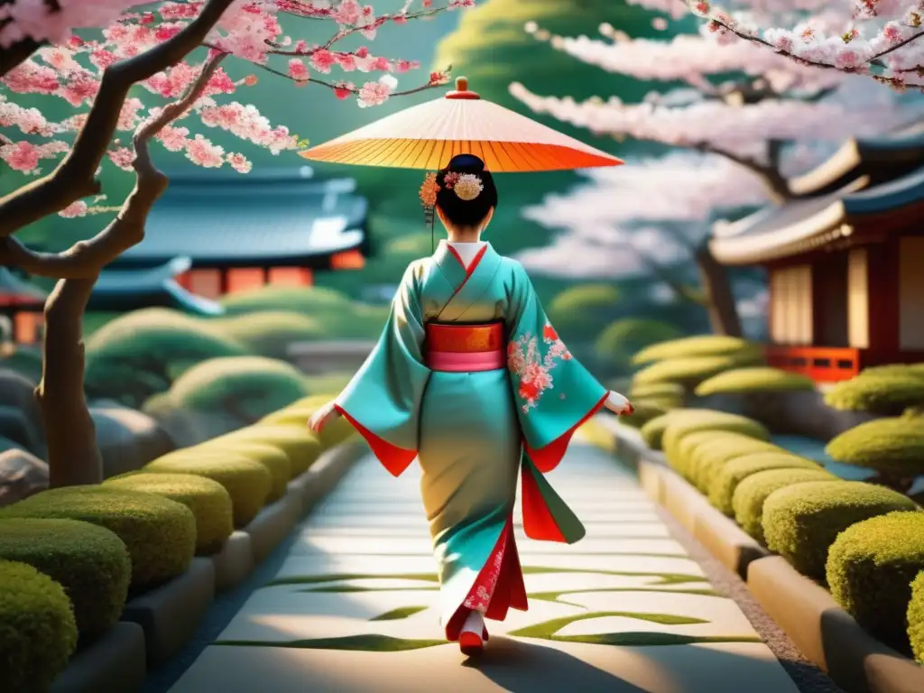 Indumentaria tradicional japonesa, significado oculto, geisha paseando en jardín de cerezos en flor