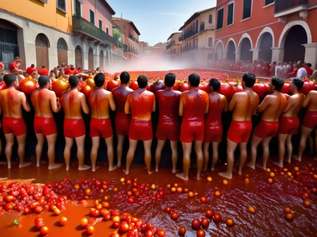 Historia y significado de La Tomatina: una imagen vibrante y realista que muestra la emocionante guerra de tomates en Buñol, España