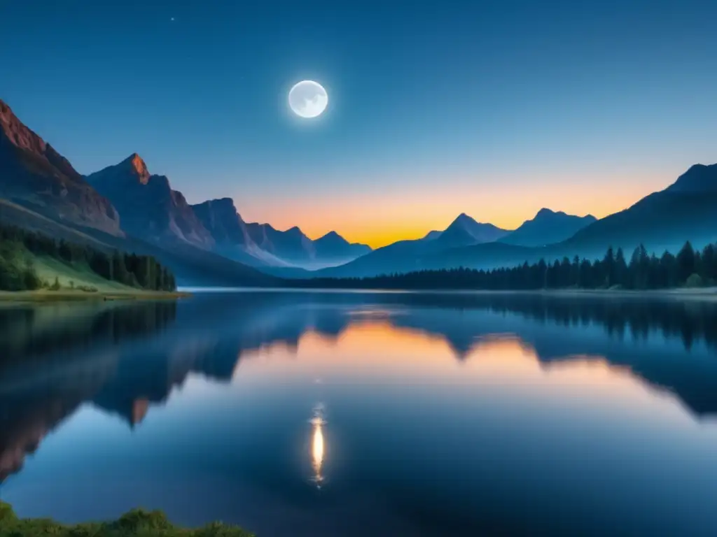 Paisaje lunar con lago sereno, montañas misteriosas y Festival de la Luna de China