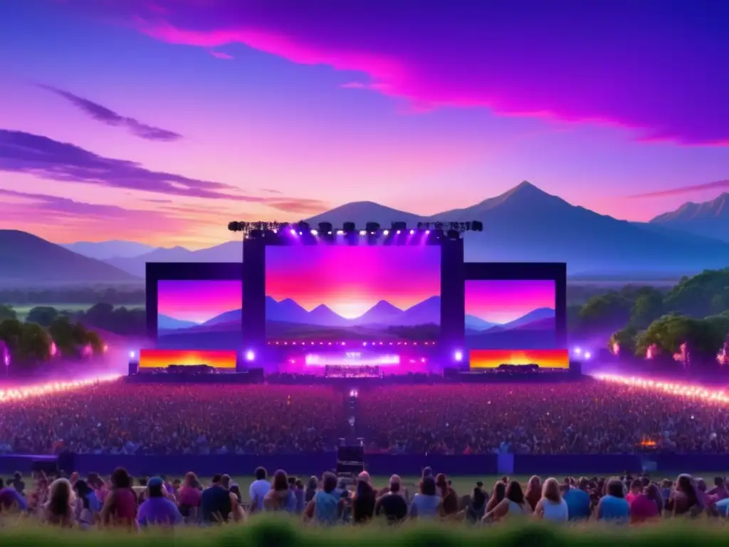 Festival de música en vivo al atardecer en un campo rodeado de montañas y vegetación